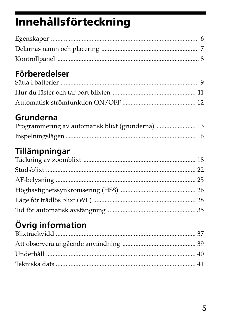 Innehållsförteckning, Förberedelser, Grunderna | Tillämpningar, Övrig information | Sony HVL-F36AM User Manual | Page 131 / 212