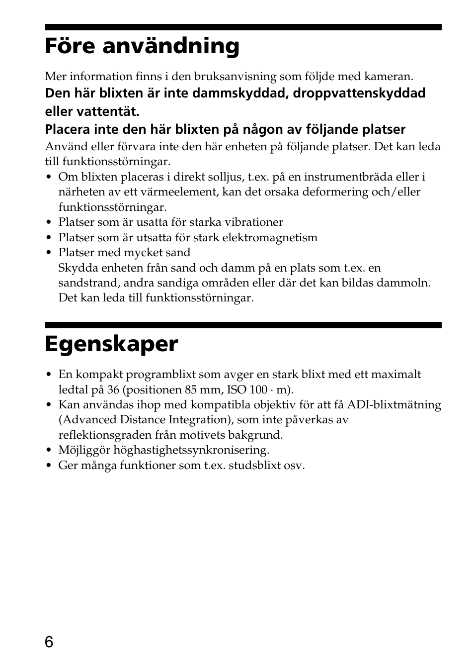 Före användning, Egenskaper | Sony HVL-F36AM User Manual | Page 132 / 212