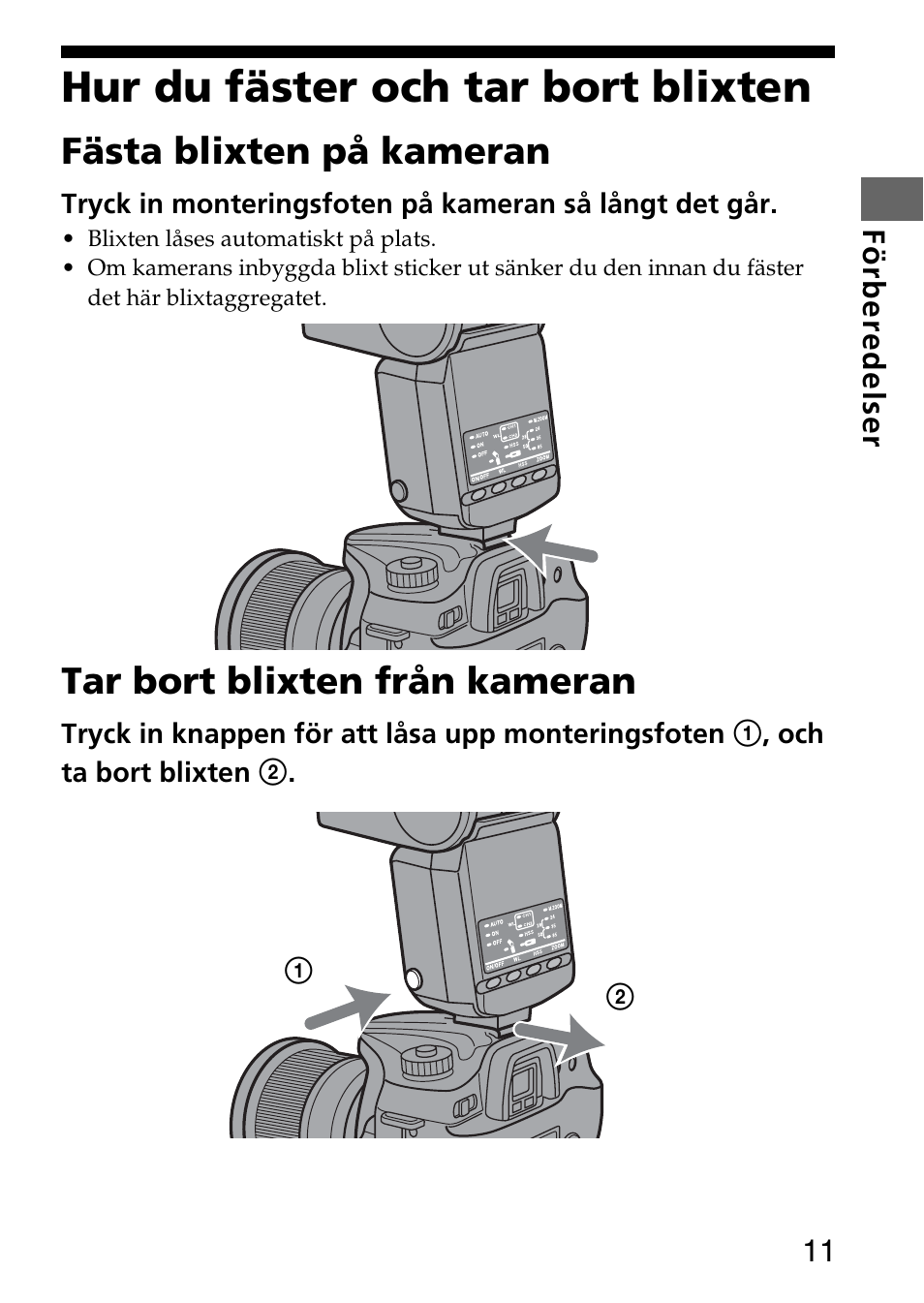 Hur du fäster och tar bort blixten, Fästa blixten på kameran, Tar bort blixten från kameran | Sony HVL-F36AM User Manual | Page 137 / 212