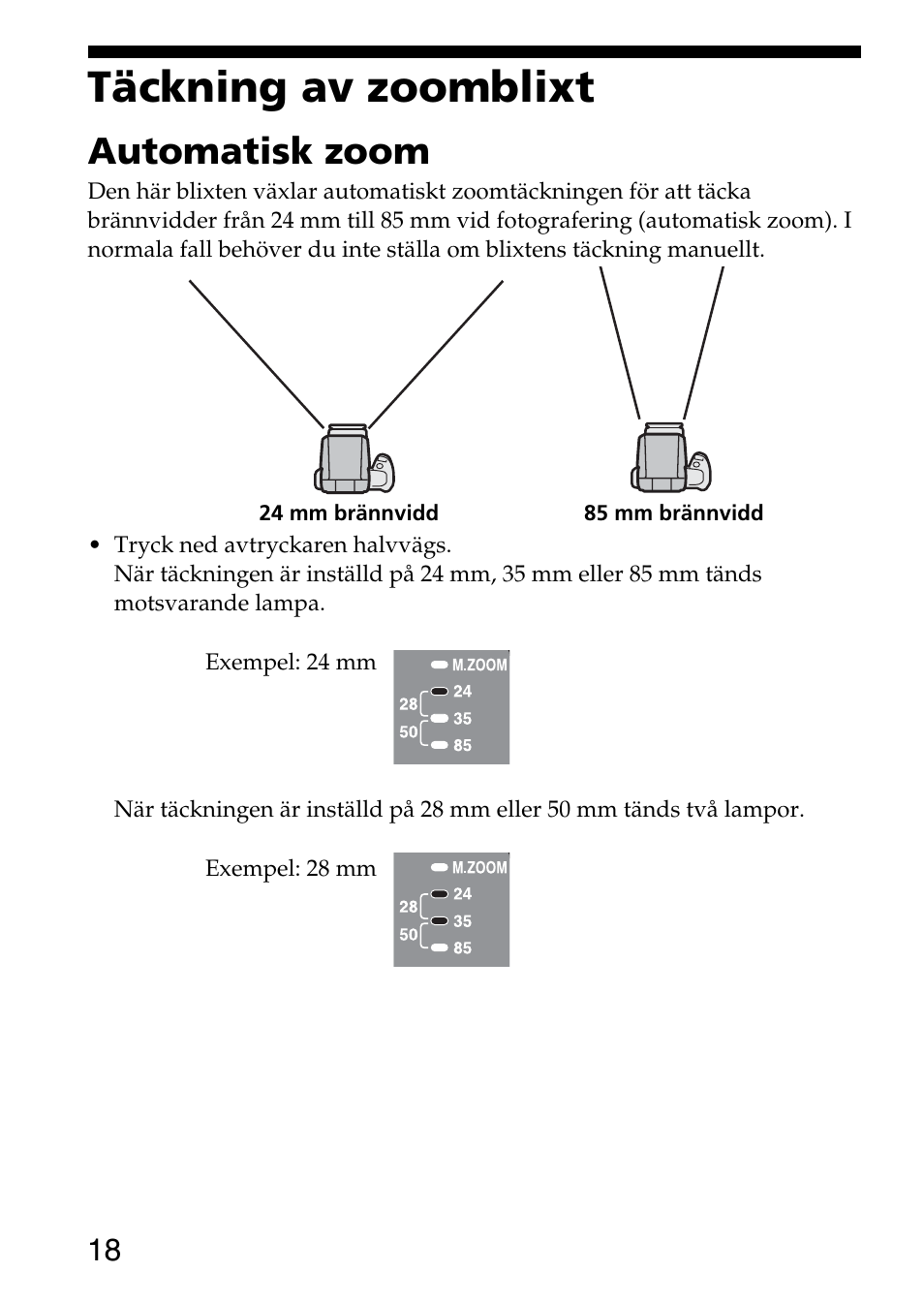 Täckning av zoomblixt, Automatisk zoom | Sony HVL-F36AM User Manual | Page 144 / 212