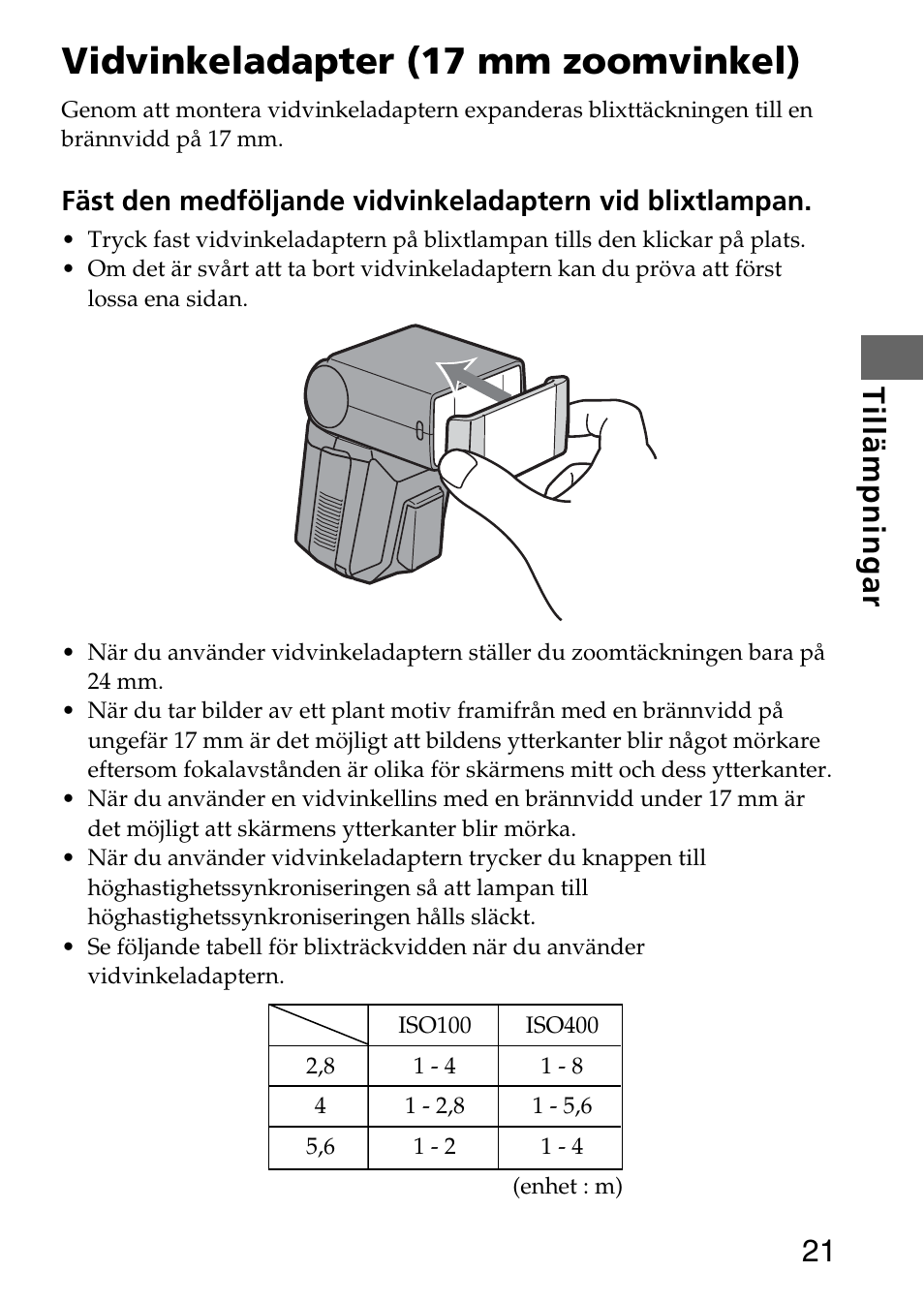 Vidvinkeladapter (17 mm zoomvinkel), 21 tillämpningar | Sony HVL-F36AM User Manual | Page 147 / 212