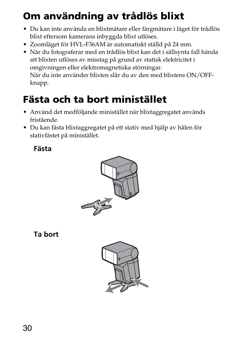 Om användning av trådlös blixt, Fästa och ta bort ministället | Sony HVL-F36AM User Manual | Page 156 / 212