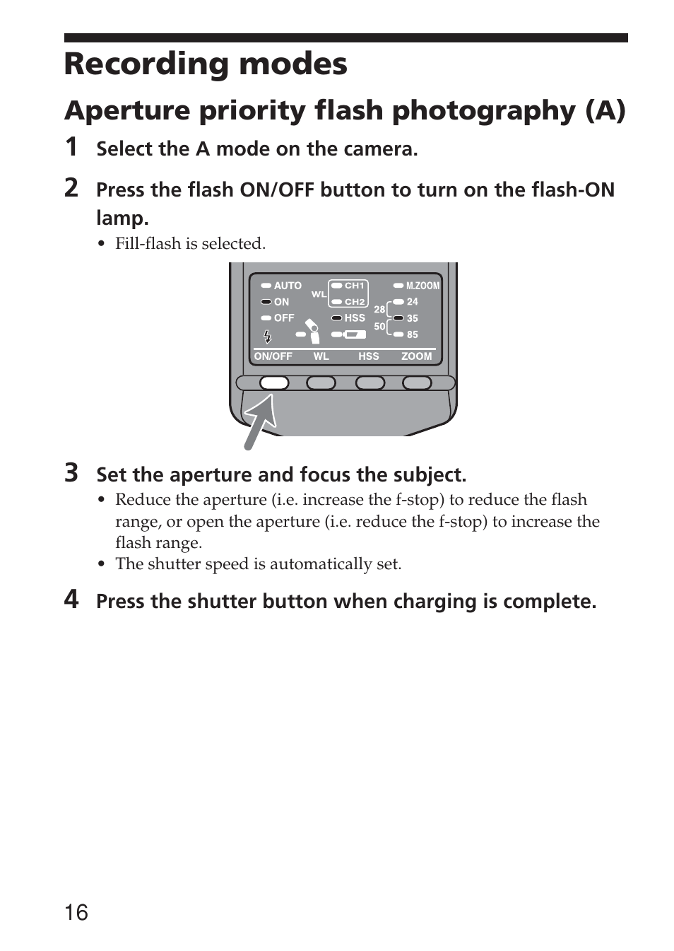 Recording modes, Aperture priority flash photography (a) 1 | Sony HVL-F36AM User Manual | Page 16 / 212