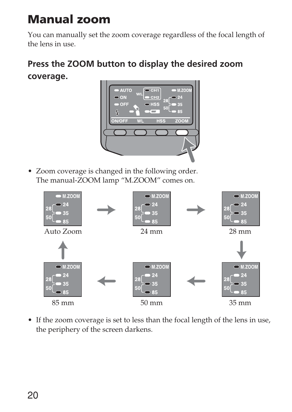 Manual zoom | Sony HVL-F36AM User Manual | Page 20 / 212