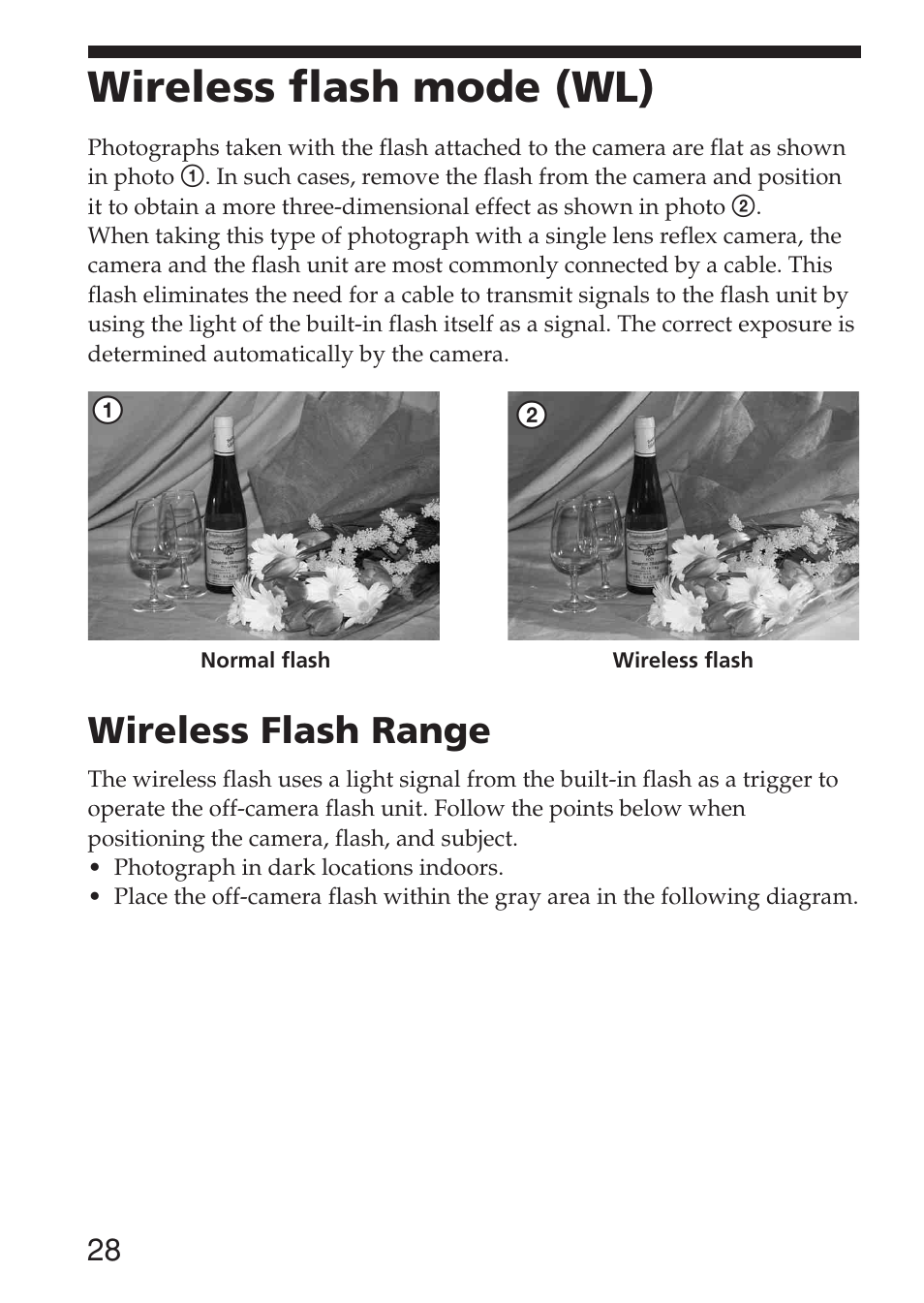 Wireless flash mode (wl), Wireless flash range | Sony HVL-F36AM User Manual | Page 28 / 212