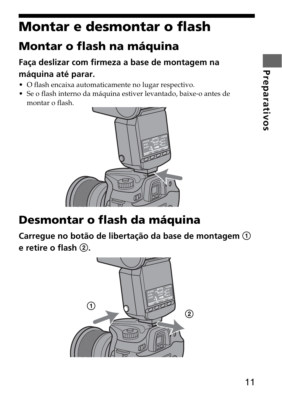 Montar e desmontar o flash, Montar o flash na máquina, Desmontar o flash da máquina | Sony HVL-F36AM User Manual | Page 53 / 212