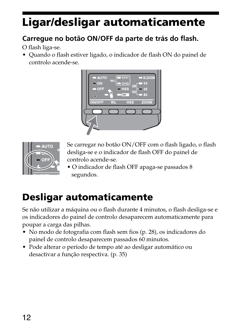 Ligar/desligar automaticamente, Desligar automaticamente | Sony HVL-F36AM User Manual | Page 54 / 212