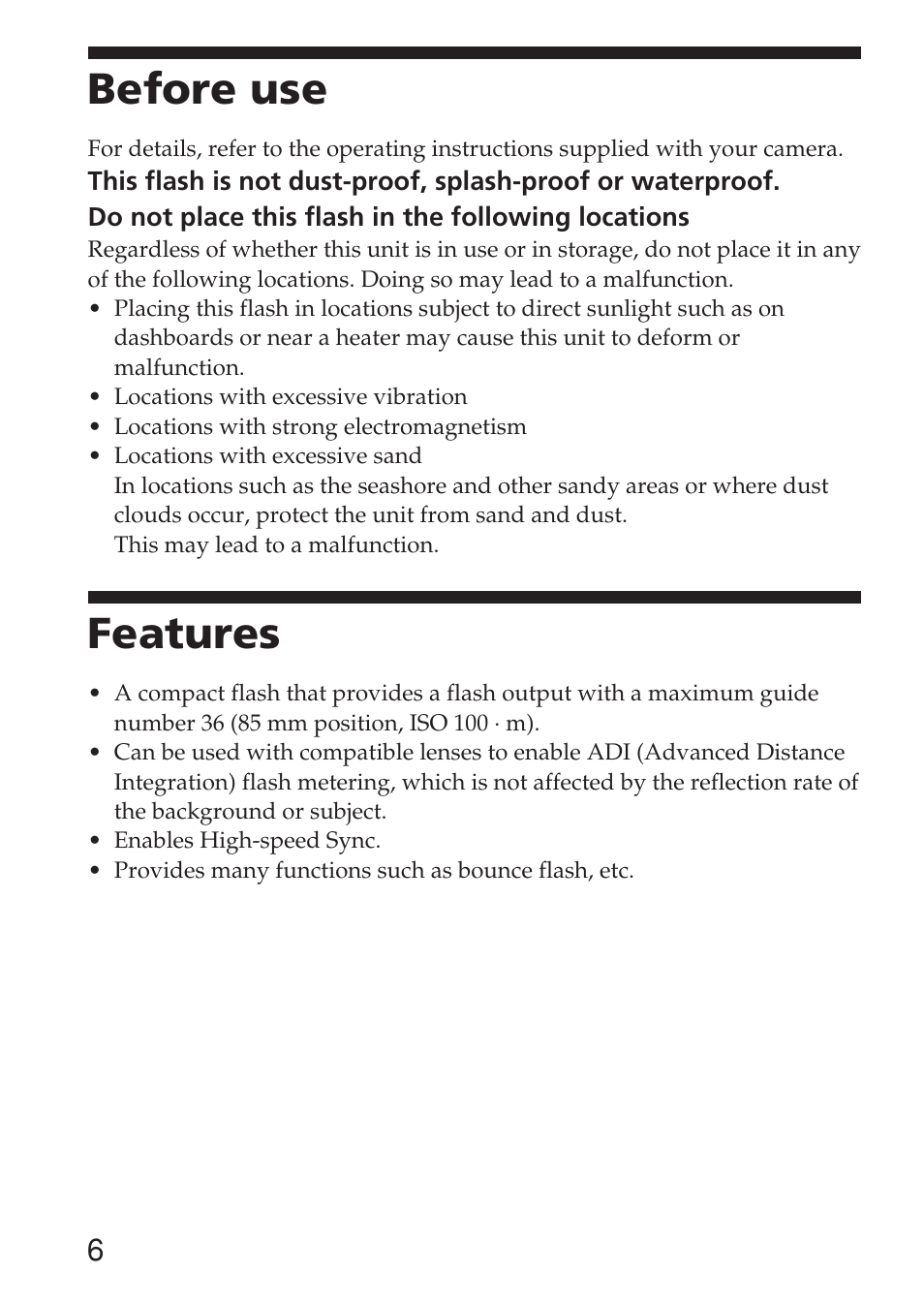 Before use, Features | Sony HVL-F36AM User Manual | Page 6 / 212