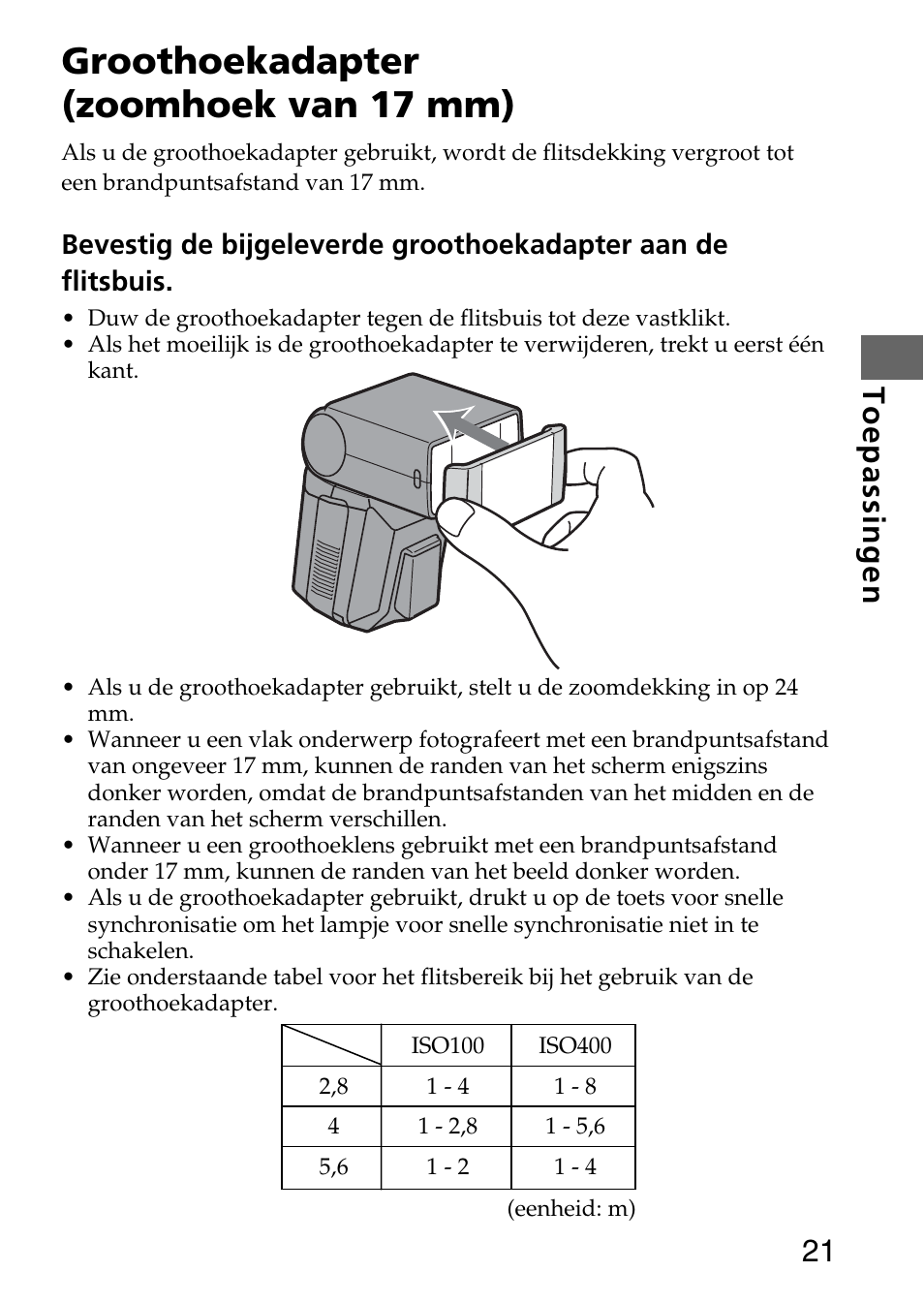 Groothoekadapter (zoomhoek van 17 mm), 21 toepassingen | Sony HVL-F36AM User Manual | Page 63 / 212