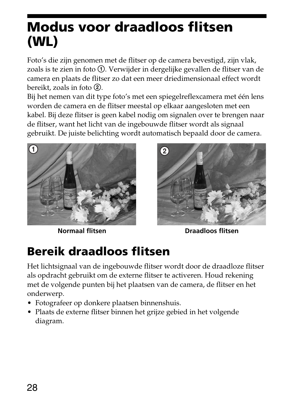 Modus voor draadloos flitsen (wl), Bereik draadloos flitsen | Sony HVL-F36AM User Manual | Page 70 / 212