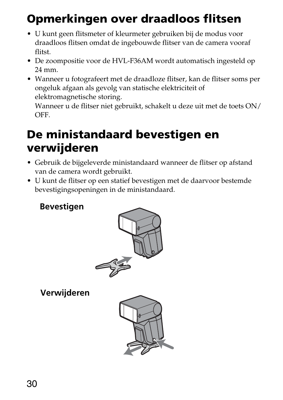 Opmerkingen over draadloos flitsen, De ministandaard bevestigen en verwijderen | Sony HVL-F36AM User Manual | Page 72 / 212