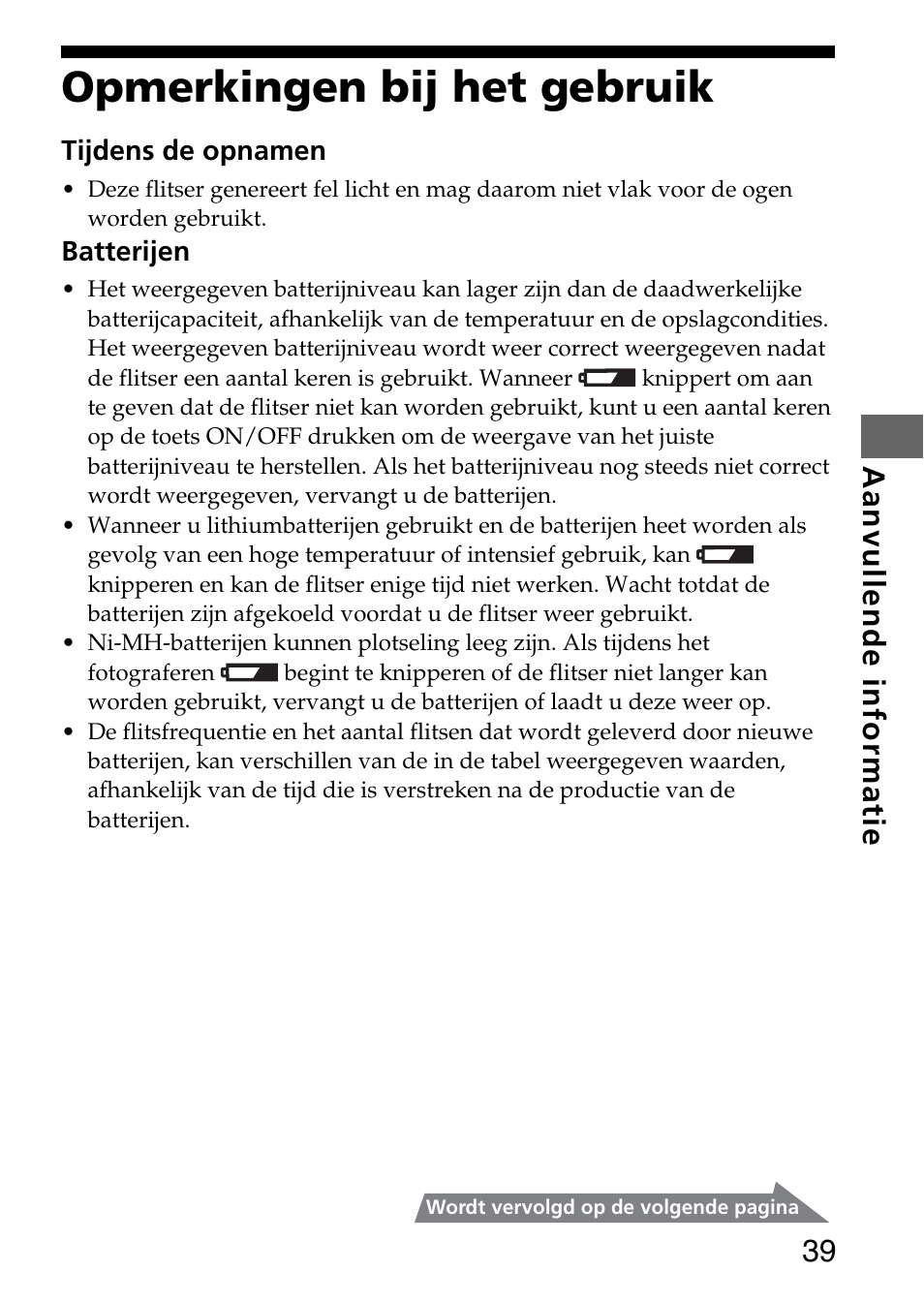 Opmerkingen bij het gebruik, 39 aanvullende informatie | Sony HVL-F36AM User Manual | Page 81 / 212