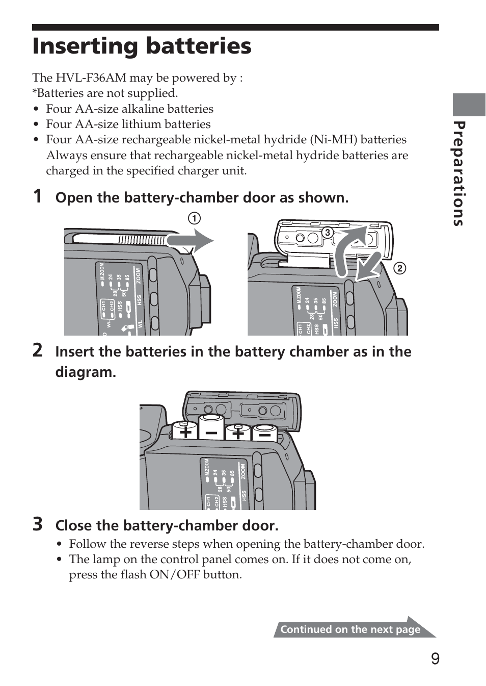 Inserting batteries | Sony HVL-F36AM User Manual | Page 9 / 212