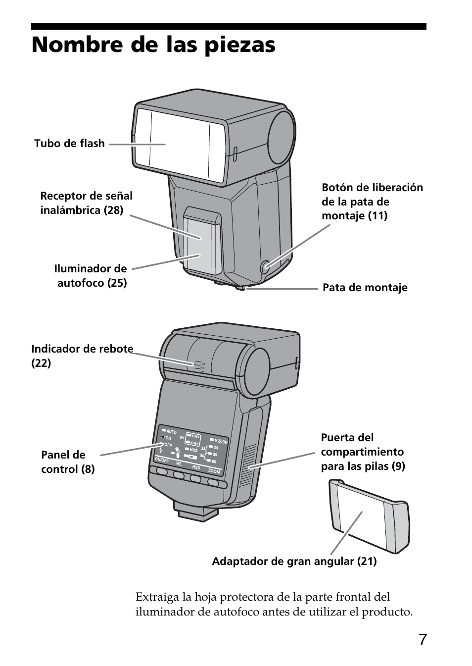 Nombre de las piezas | Sony HVL-F36AM User Manual | Page 91 / 212