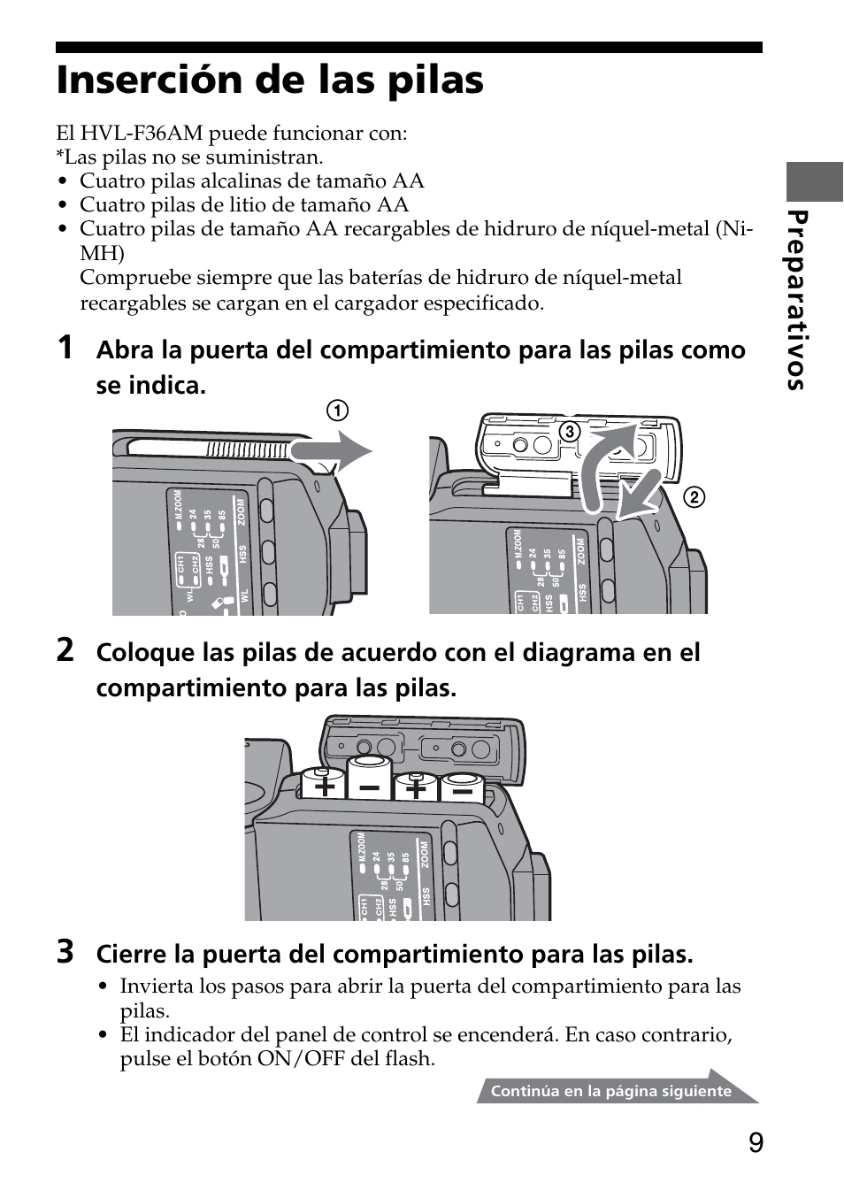 Inserción de las pilas | Sony HVL-F36AM User Manual | Page 93 / 212