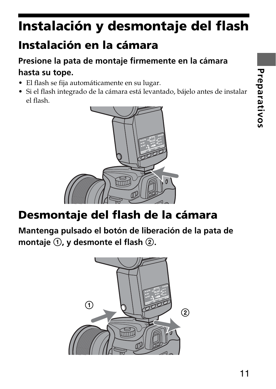 Instalación y desmontaje del flash, Instalación en la cámara, Desmontaje del flash de la cámara | Sony HVL-F36AM User Manual | Page 95 / 212