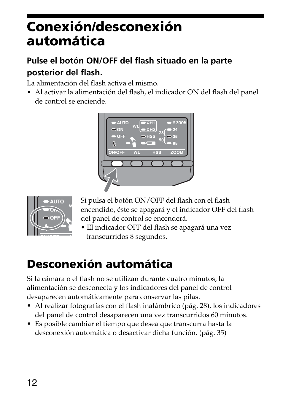 Conexión/desconexión automática, Desconexión automática | Sony HVL-F36AM User Manual | Page 96 / 212