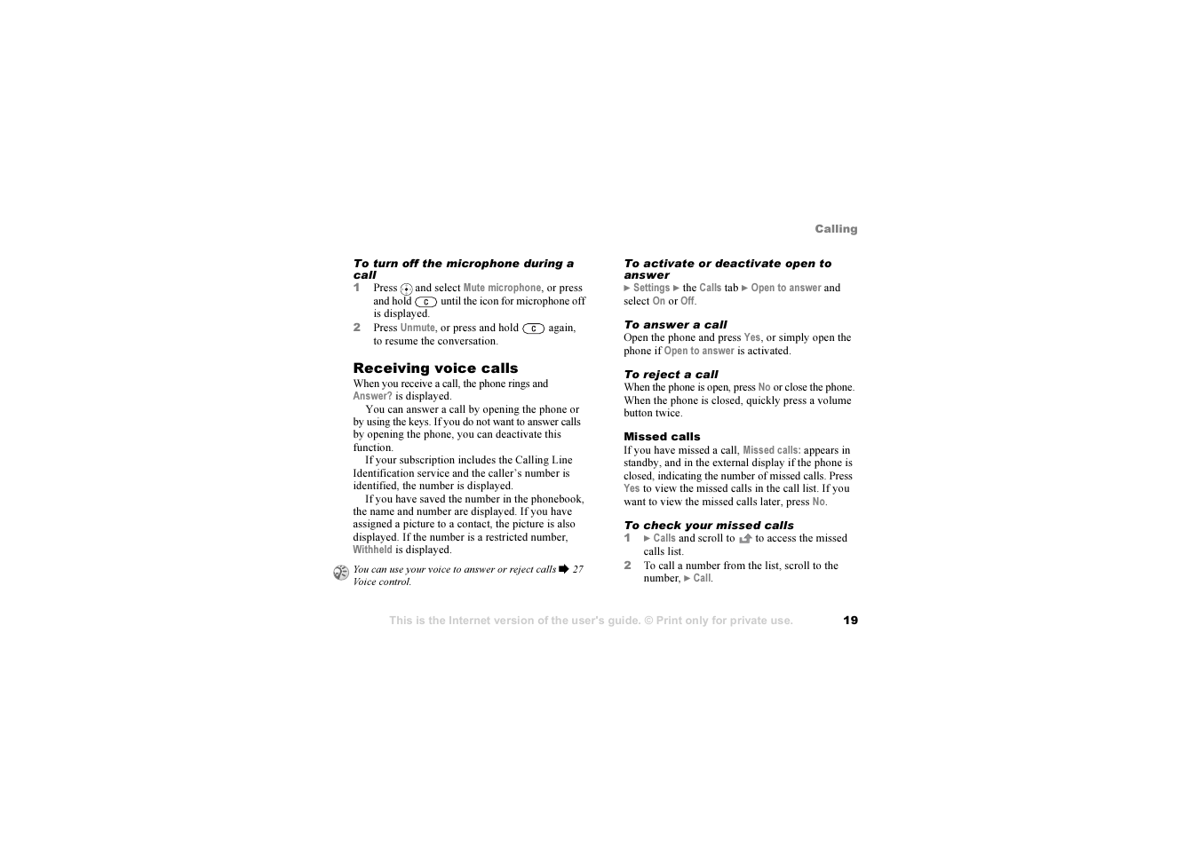19 to answer a call | Sony Z1010 User Manual | Page 19 / 95