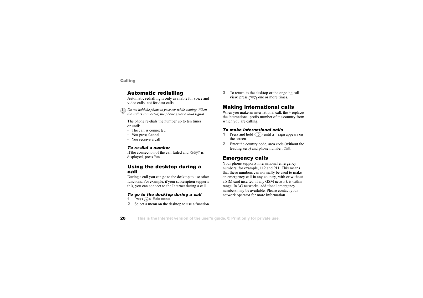 20 emergency calls | Sony Z1010 User Manual | Page 20 / 95