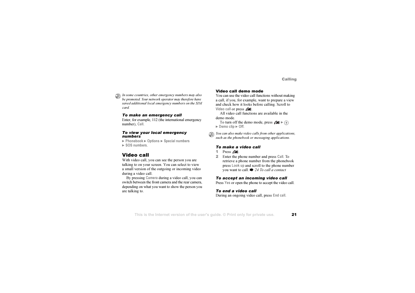 21 video call | Sony Z1010 User Manual | Page 21 / 95