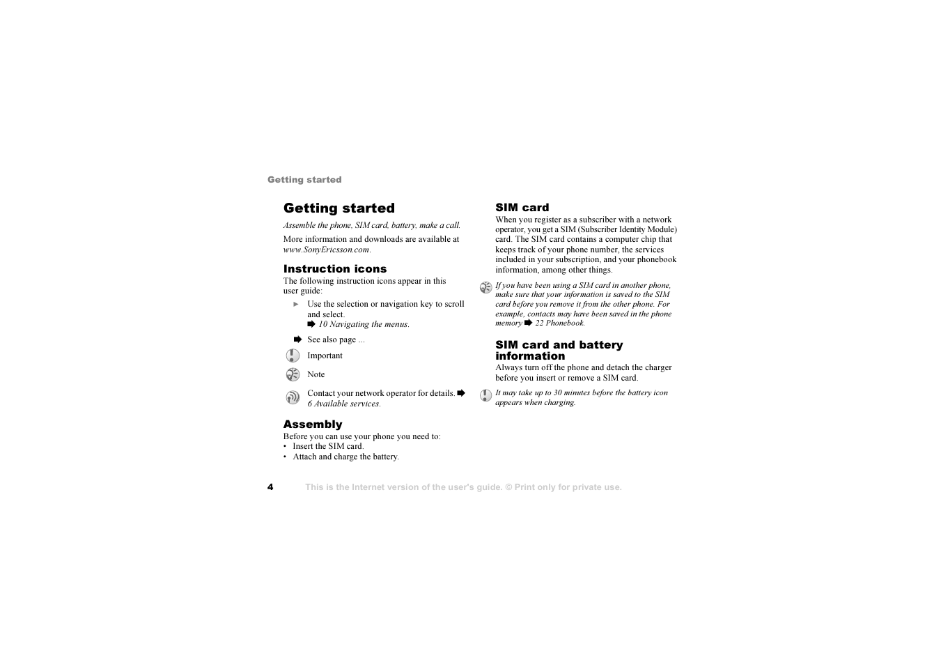 Getting started, Assemble the phone, sim card, battery, make a call | Sony Z1010 User Manual | Page 4 / 95