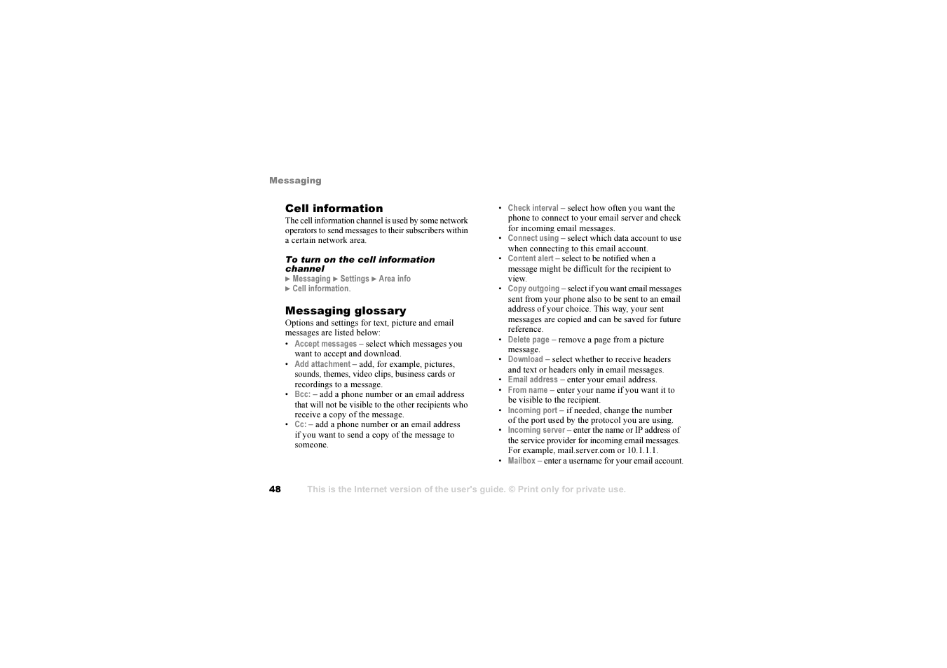 48 messaging glossary, 48 messaging, Glossary | Sony Z1010 User Manual | Page 48 / 95