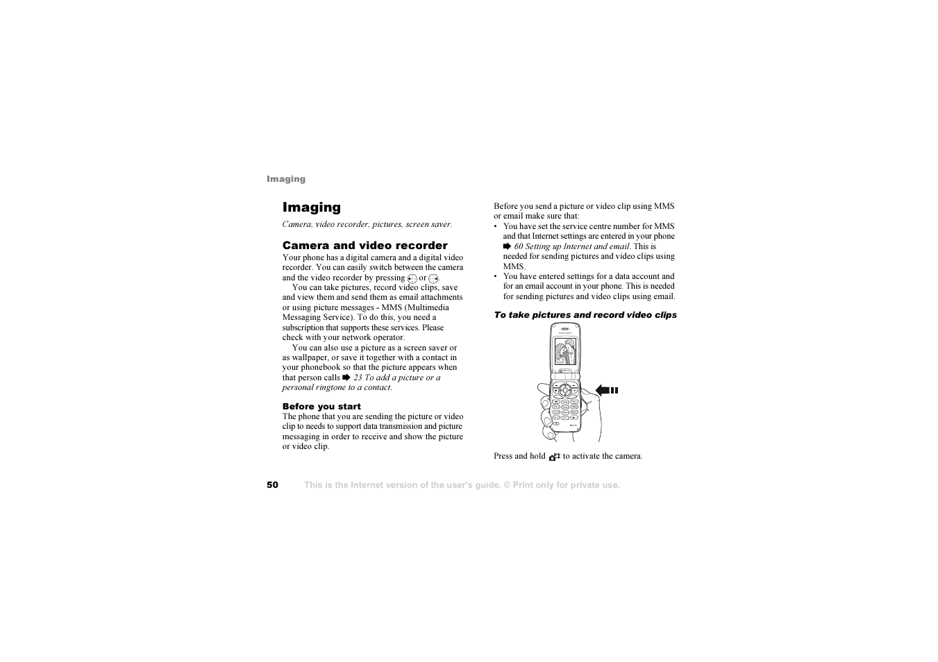 Imaging, Camera, video recorder, pictures, screen saver | Sony Z1010 User Manual | Page 50 / 95