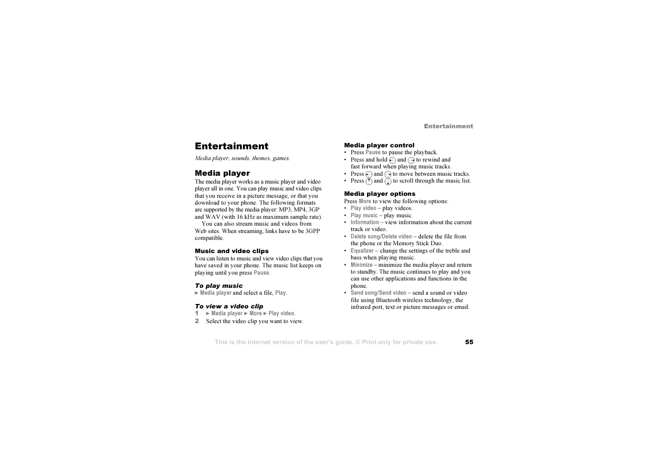 Entertainment, Media player, sounds, themes, games | Sony Z1010 User Manual | Page 55 / 95