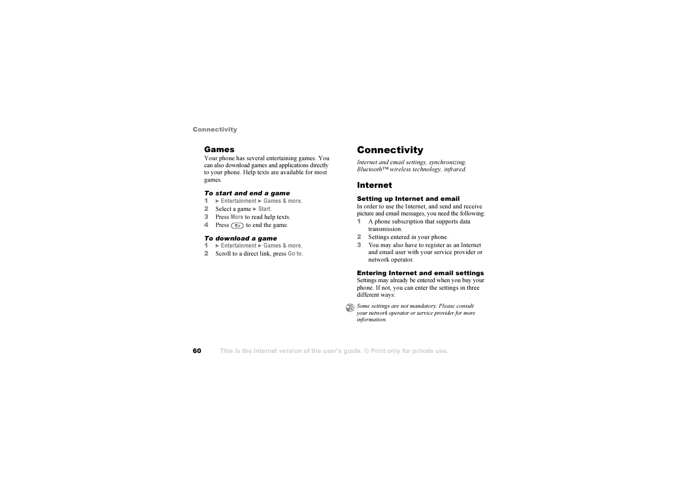 Connectivity, 60 setting up, Internet and email | 60 setting up internet and email | Sony Z1010 User Manual | Page 60 / 95