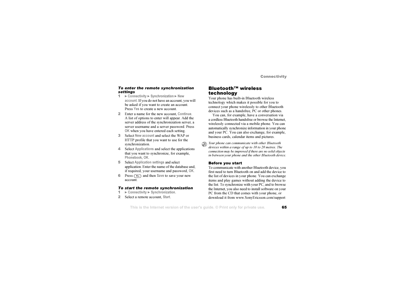 65 bluetooth™ wireless technology | Sony Z1010 User Manual | Page 65 / 95