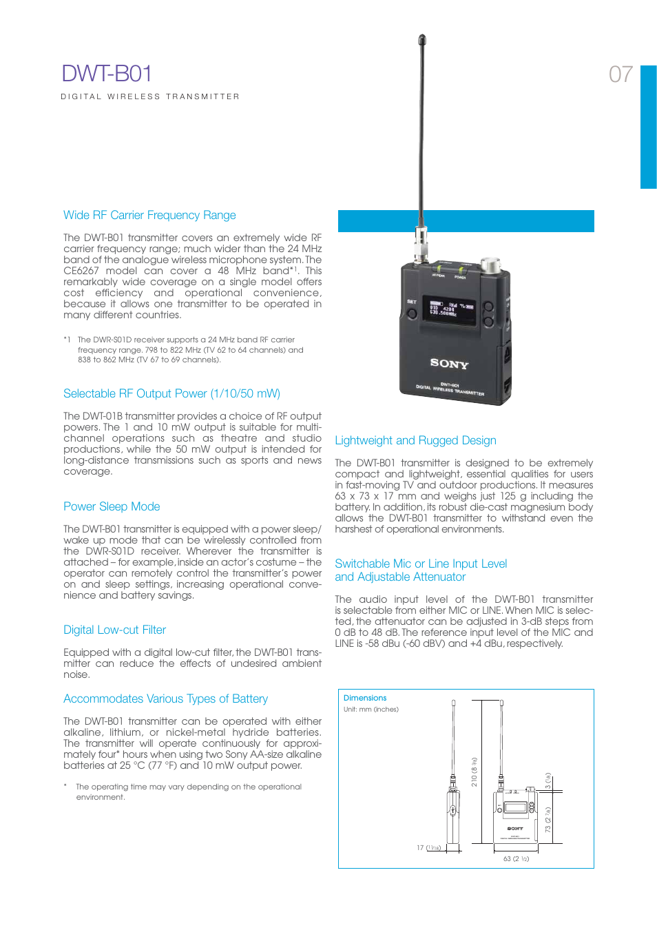 07 dwt-b01, Wide rf carrier frequency range, Power sleep mode | Digital low-cut filter, Accommodates various types of battery, Compact, lightweight and rugged design | Sony DWA-01D User Manual | Page 7 / 12
