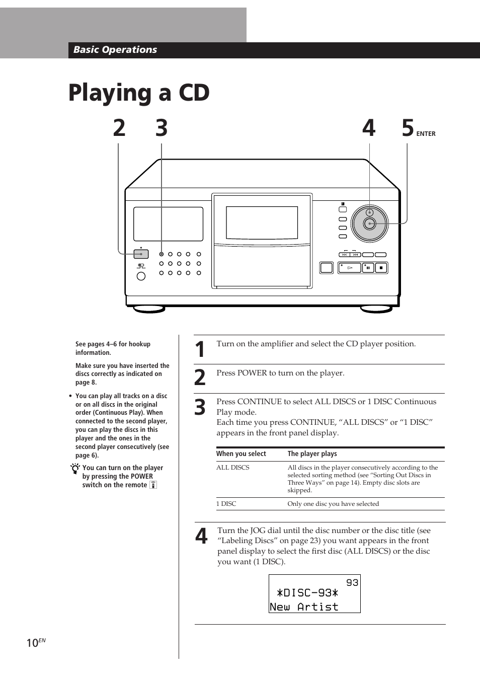 Playing a cd 2 3, Disc-93, New artist | Basic operations | Sony CDP-CX270 User Manual | Page 10 / 125