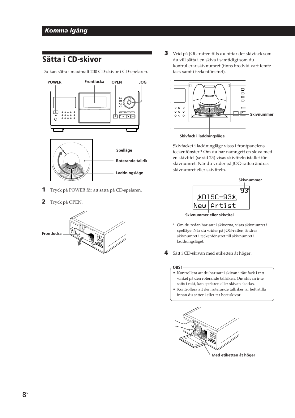 Sätta i cd-skivor, Disc-93, New artist | Komma igång | Sony CDP-CX270 User Manual | Page 101 / 125