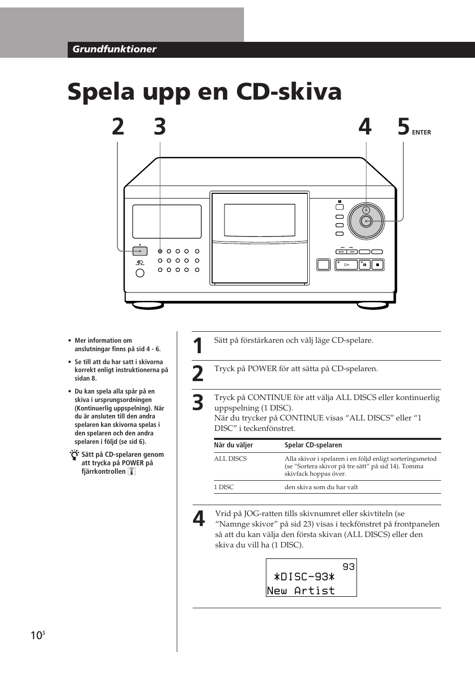 Spela upp en cd-skiva 2 3, Disc-93, New artist | Grundfunktioner | Sony CDP-CX270 User Manual | Page 103 / 125