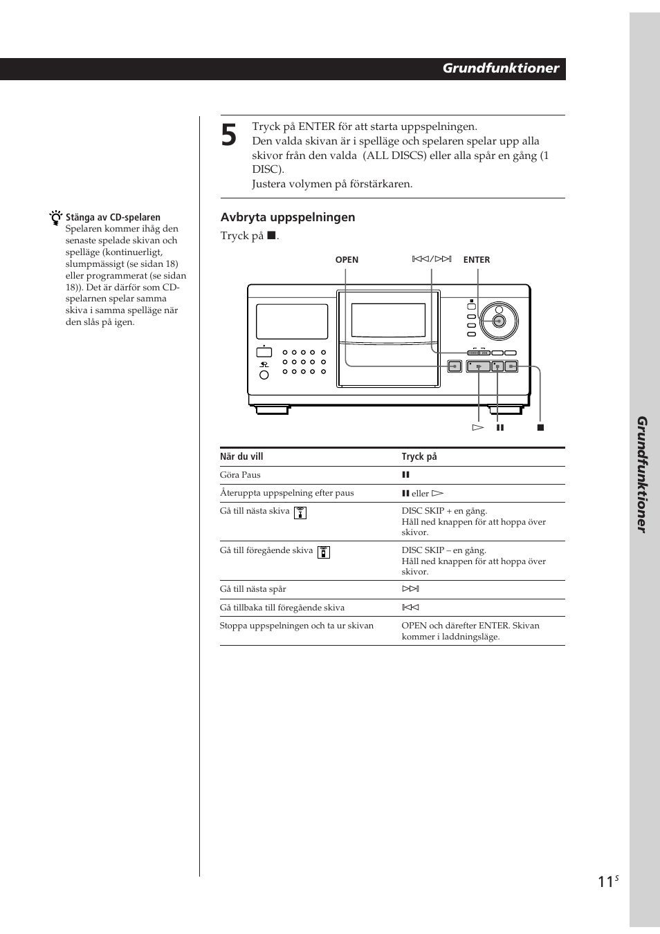 Grundfunktioner basic operations grundfunktioner, Avbryta uppspelningen, Tryck på p | Stänga av cd-spelaren, När du vill, Tryck på | Sony CDP-CX270 User Manual | Page 104 / 125