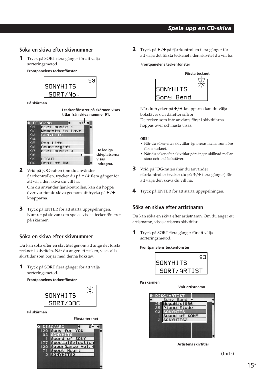 Sonyhits, Sony band, Sort/artist | Sort/no, Sort/abc, Söka en skiva efter skivnummer 1, Söka en skiva efter artistnamn, Söka en skiva efter skivnummer | Sony CDP-CX270 User Manual | Page 108 / 125