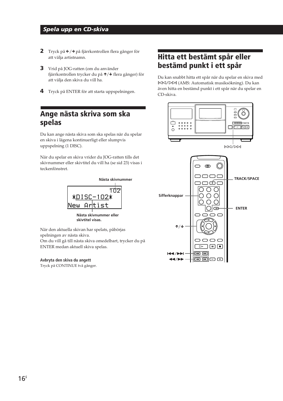 Ange nästa skriva som ska spelas, Disc-1o2, New artist | Spela upp en cd-skiva 2, 1 o 2 | Sony CDP-CX270 User Manual | Page 109 / 125