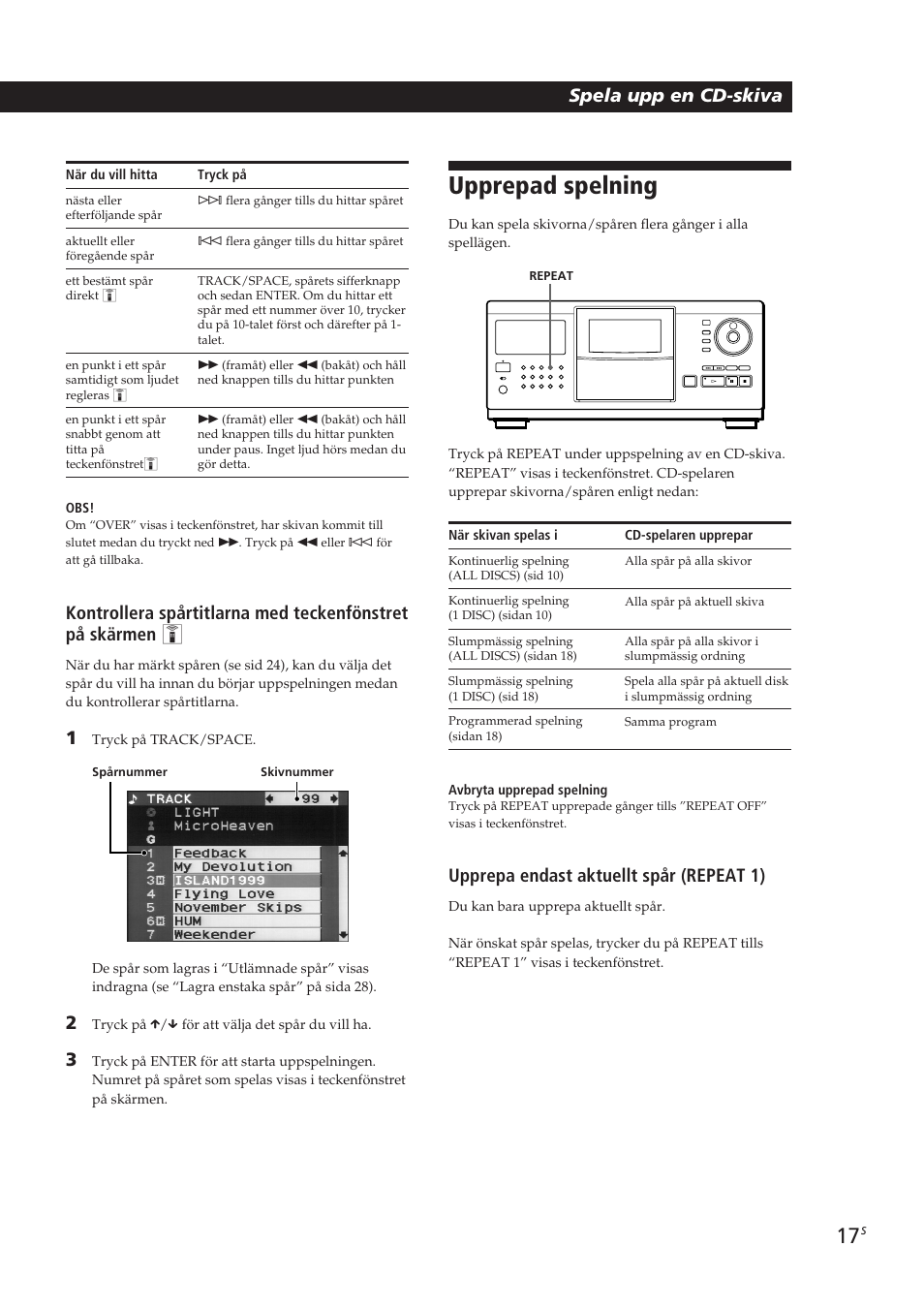 Upprepad spelning, Playing cds getting started spela upp en cd-skiva, Upprepa endast aktuellt spår (repeat 1) | Sony CDP-CX270 User Manual | Page 110 / 125
