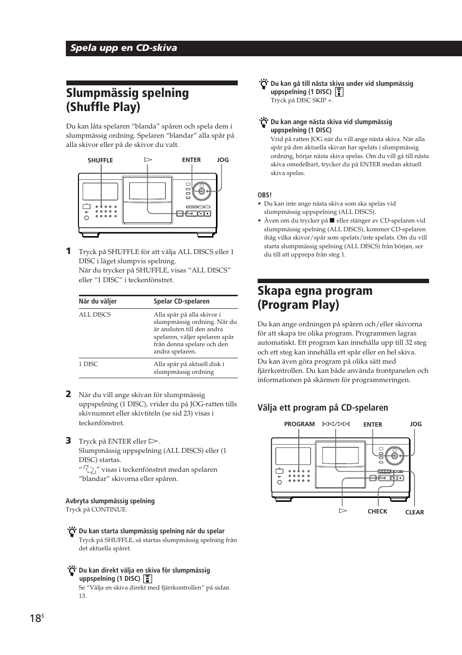 Slumpmässig spelning (shuffle␣ play), Skapa egna program (program␣ play), Spela upp en cd-skiva | Välja ett program på cd-spelaren | Sony CDP-CX270 User Manual | Page 111 / 125
