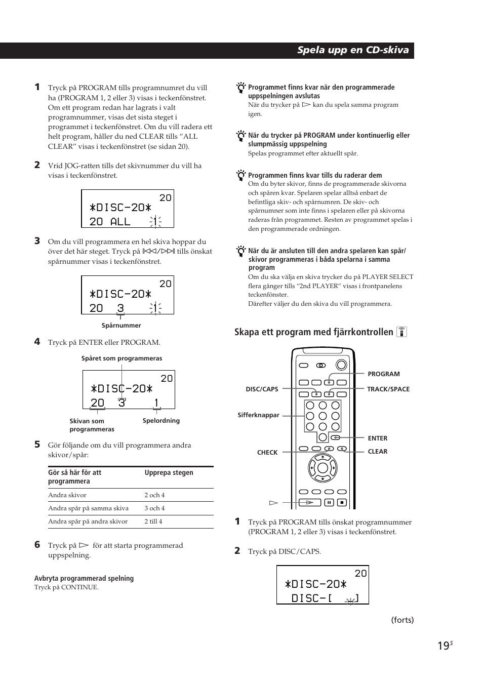 Disc-2o, 2o all 1, 2o 3 1 | Disc, Skapa ett program med fjärrkontrollen z | Sony CDP-CX270 User Manual | Page 112 / 125