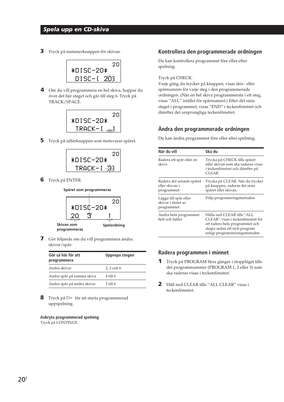 Disc-2o, Disc-[ 2o, Track | Track-[ 3, 2o 3 1, Ändra den programmerade ordningen, Radera programmen i minnet 1 | Sony CDP-CX270 User Manual | Page 113 / 125