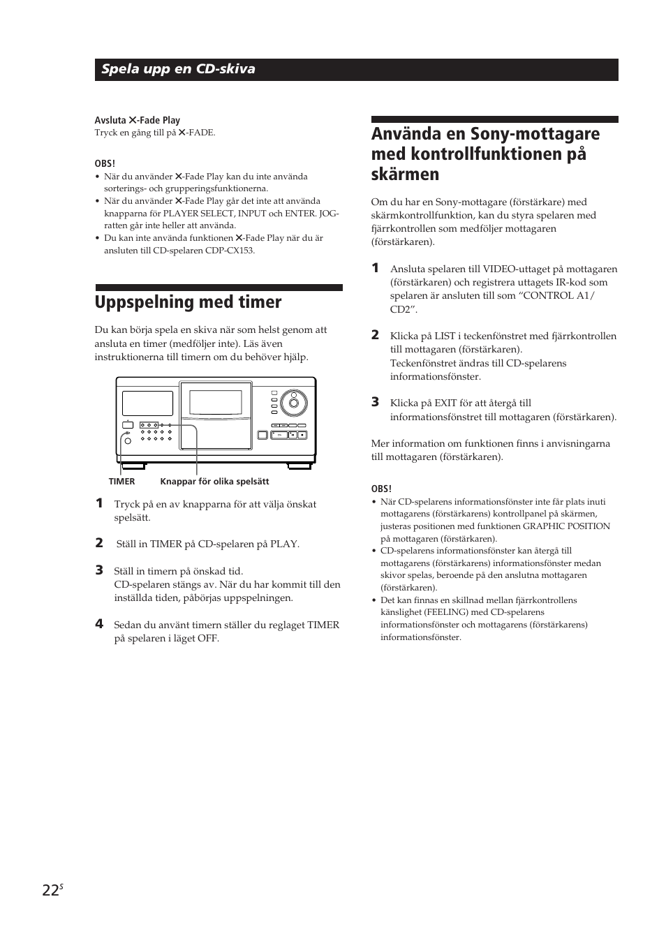 Uppspelning med timer, Spela upp en cd-skiva | Sony CDP-CX270 User Manual | Page 115 / 125