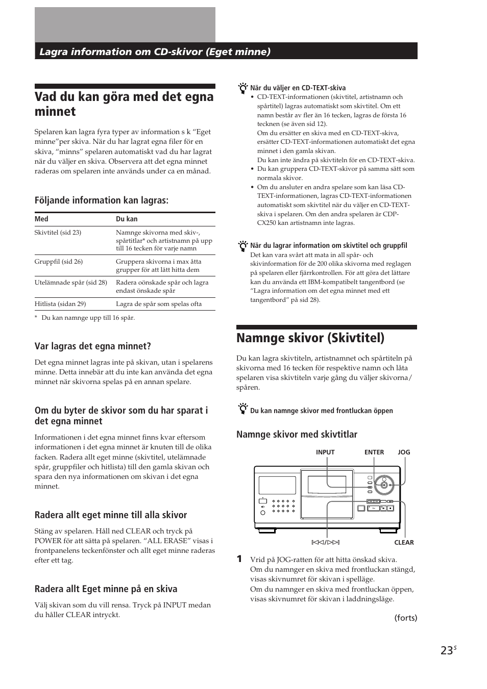 Vad du kan göra med det egna minnet, Namnge skivor (skivtitel), Locating a scene or track you want | Följande information kan lagras, Var lagras det egna minnet, Radera allt eget minne till alla skivor, Radera allt eget minne på en skiva | Sony CDP-CX270 User Manual | Page 116 / 125