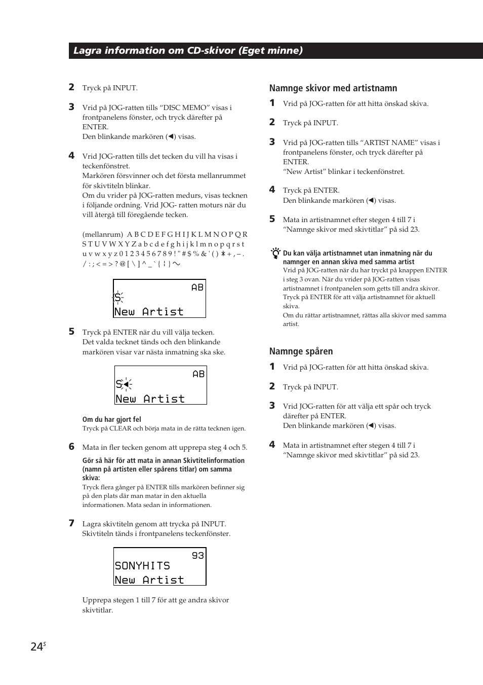 Lagra information om cd-skivor (eget minne) 2, Namnge skivor med artistnamn 1, Namnge spåren 1 | Sony CDP-CX270 User Manual | Page 117 / 125
