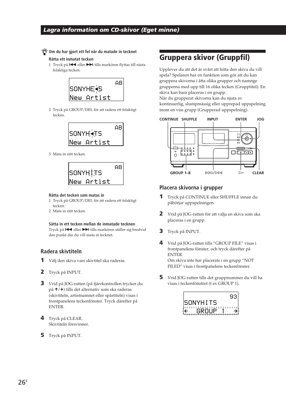Gruppera skivor (gruppfil), Lagra information om cd-skivor (eget minne), Placera skivorna i grupper 1 | Radera skivtiteln 1 | Sony CDP-CX270 User Manual | Page 119 / 125