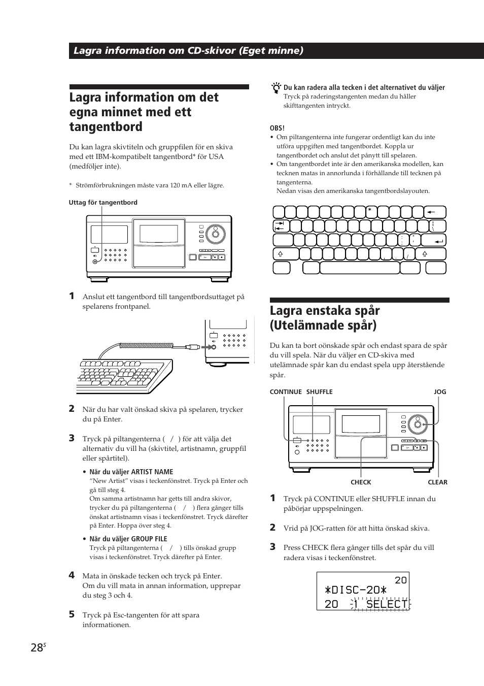 Lagra enstaka spår (utelämnade spår), Lagra information om cd-skivor (eget minne) | Sony CDP-CX270 User Manual | Page 121 / 125