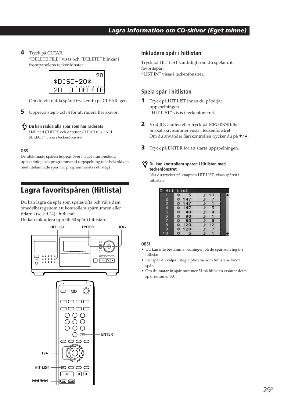 Lagra favoritspåren (hitlista), Locating a scene or track you want, Spela spår i hitlistan 1 | Sony CDP-CX270 User Manual | Page 122 / 125
