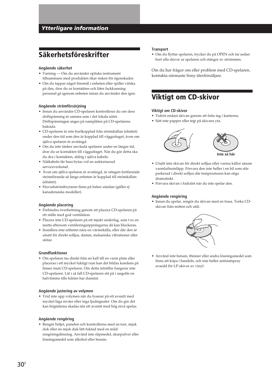 Viktigt om cd-skivor, Säkerhetsföreskrifter, Ytterligare information | Sony CDP-CX270 User Manual | Page 123 / 125