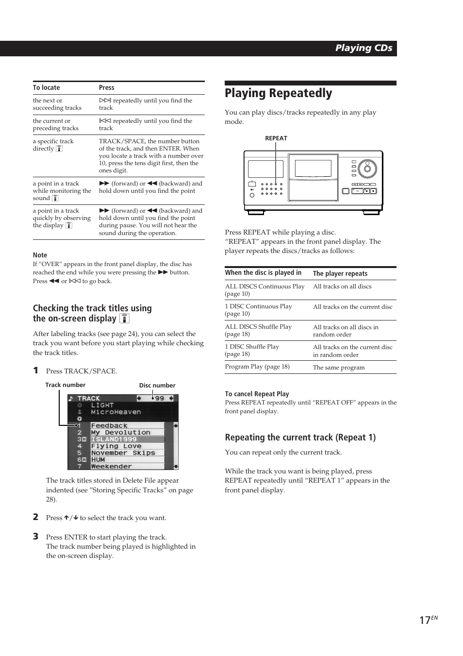 Playing repeatedly, Playing cds getting started playing cds, Repeating the current track (repeat 1) | Sony CDP-CX270 User Manual | Page 17 / 125