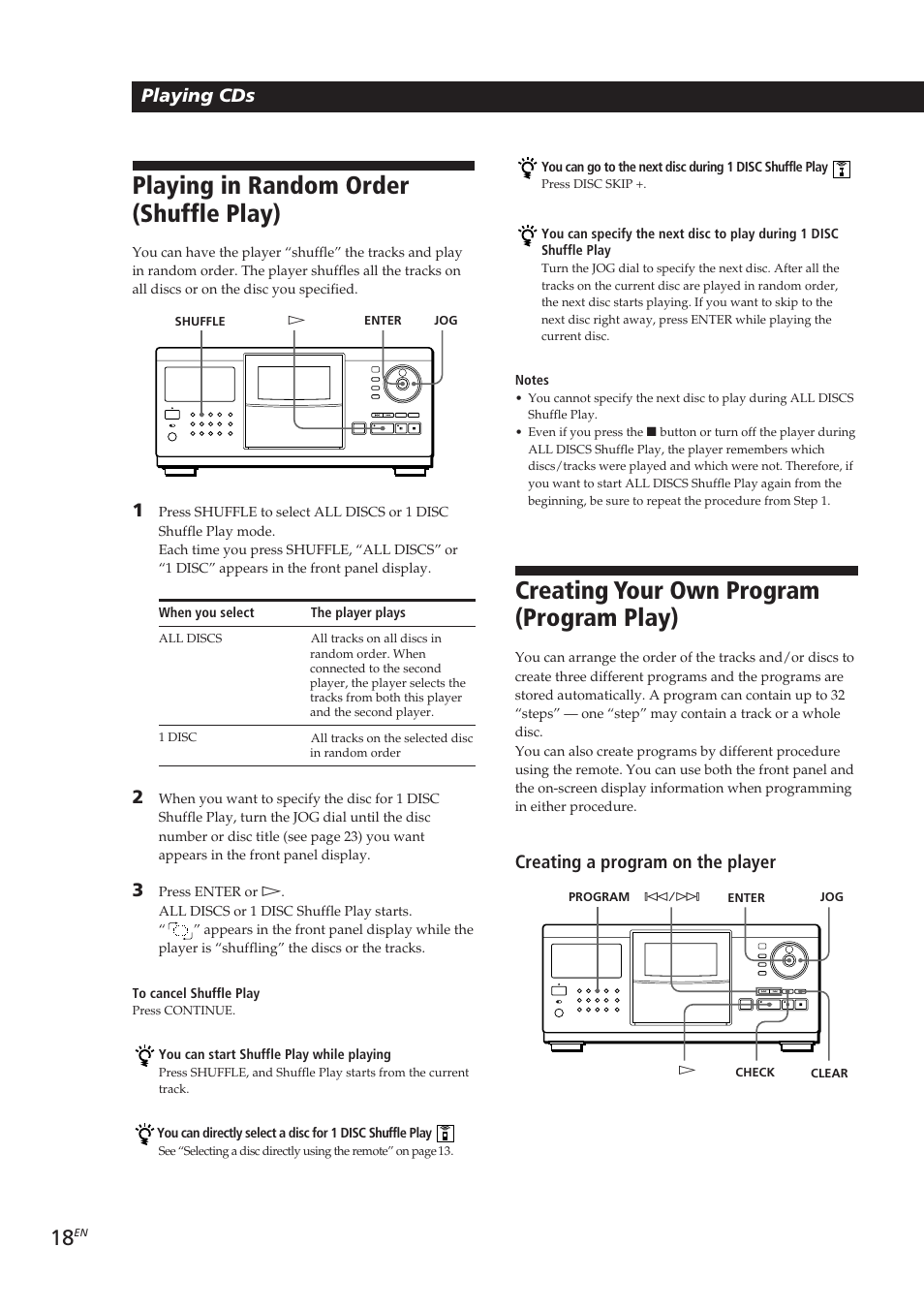 Playing in random order (shuffle play), Creating your own program (program play), Playing cds | Creating a program on the player | Sony CDP-CX270 User Manual | Page 18 / 125